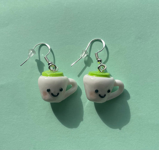 Matcha Latte Smile Cup Earrings | Clip-Ons Available